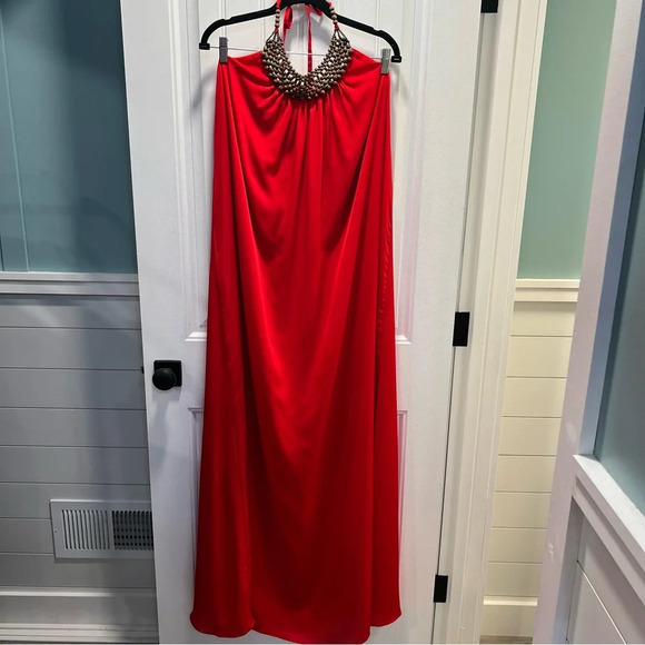 Vince Camuto Vibrant Red Open Back Beaded Tie Neck Maxi Dress. Size 14 - Picture 2 of 15